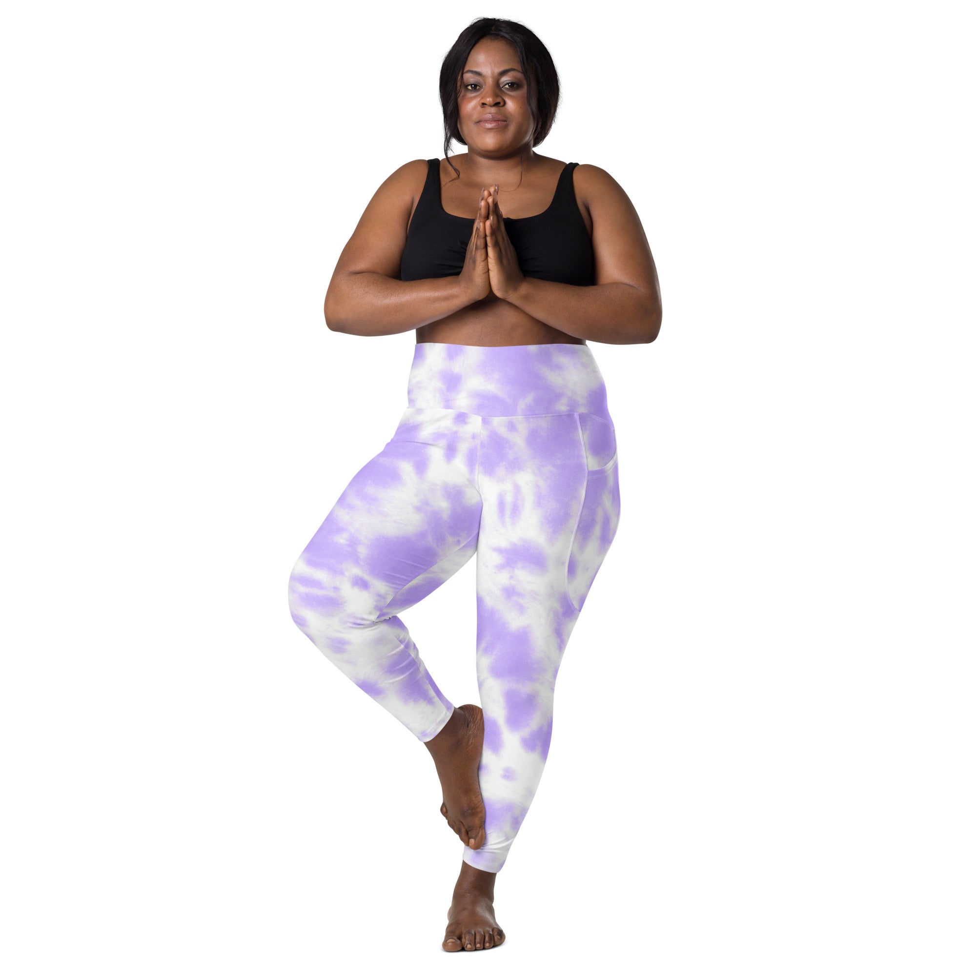 Women’s purple and white tie dye high waisted yoga leggings with pockets soft compression active pants back view