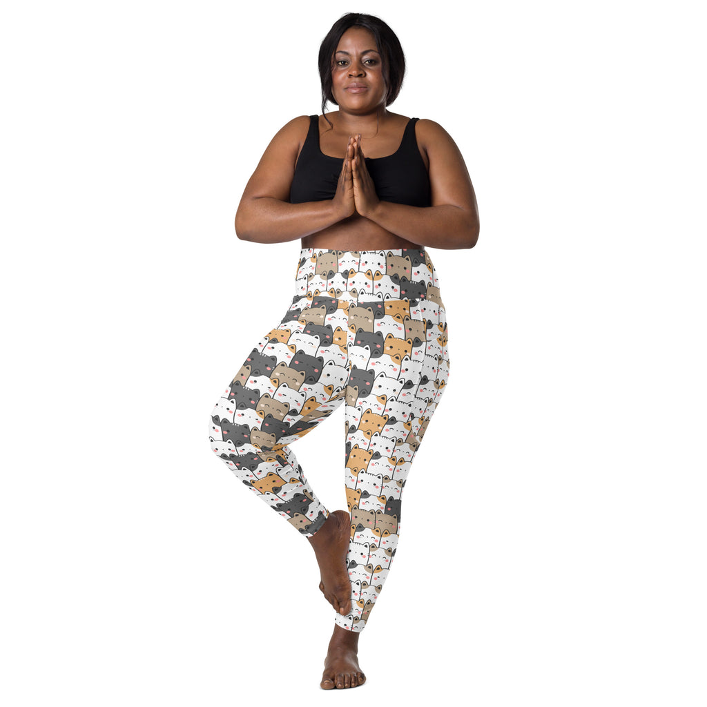 Women’s high-waisted kawaii cat yoga leggings with pockets featuring gray white and tan cartoon cats on white background