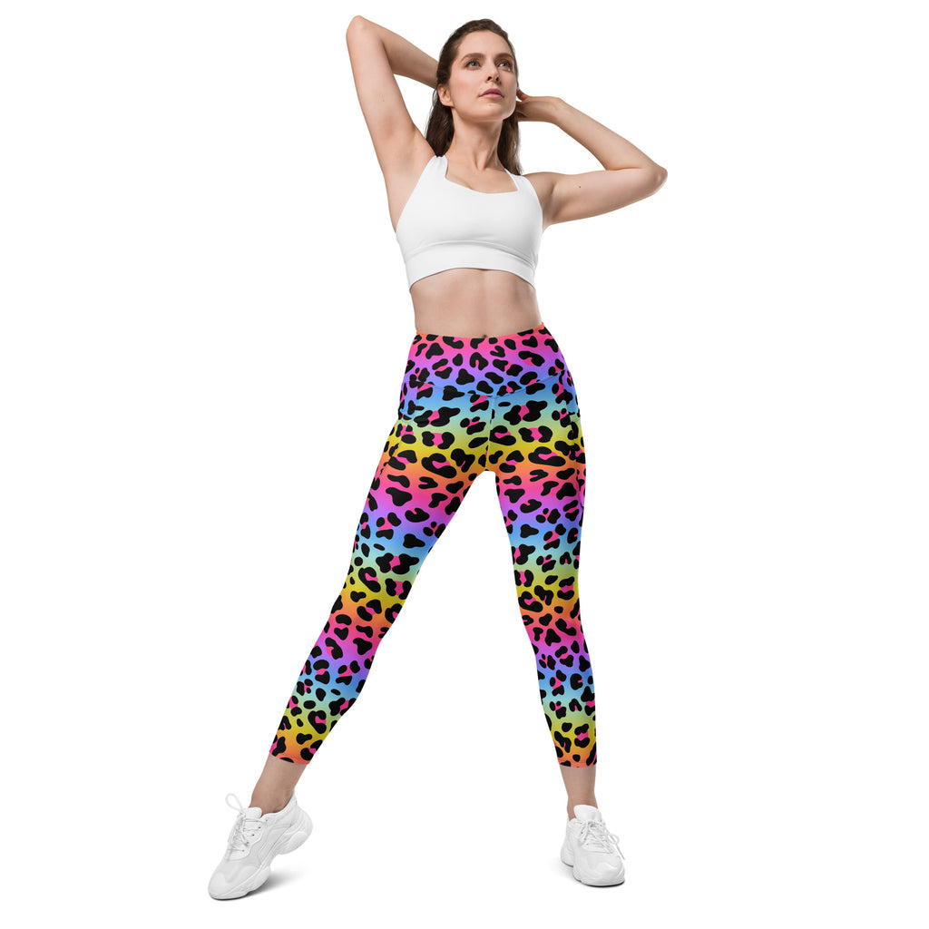 Women’s high-waisted rainbow leopard yoga leggings with pockets made of soft compression fabric for active wear