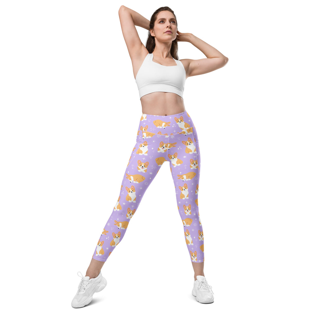 Women’s purple high-waisted yoga leggings with soft compression and orange and white corgi dog pattern with pockets