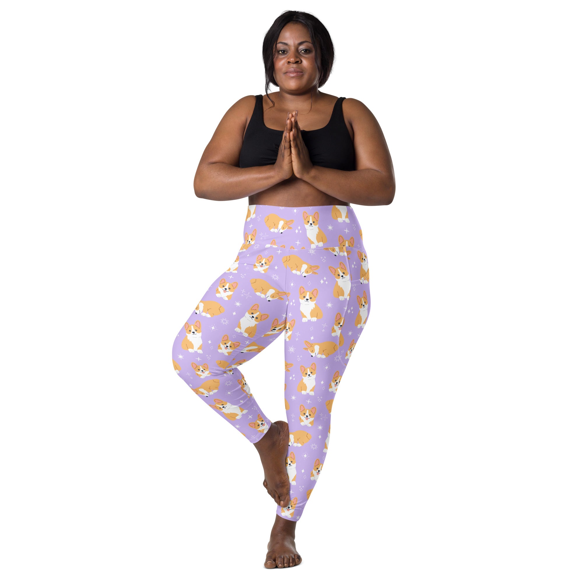 Women’s lavender high-waisted yoga leggings with pockets featuring soft compression and orange and white corgi pattern