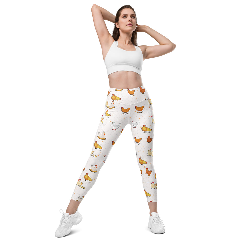 White women’s chicken yoga leggings with pockets high-waisted soft compression featuring colorful cartoon chicken pattern