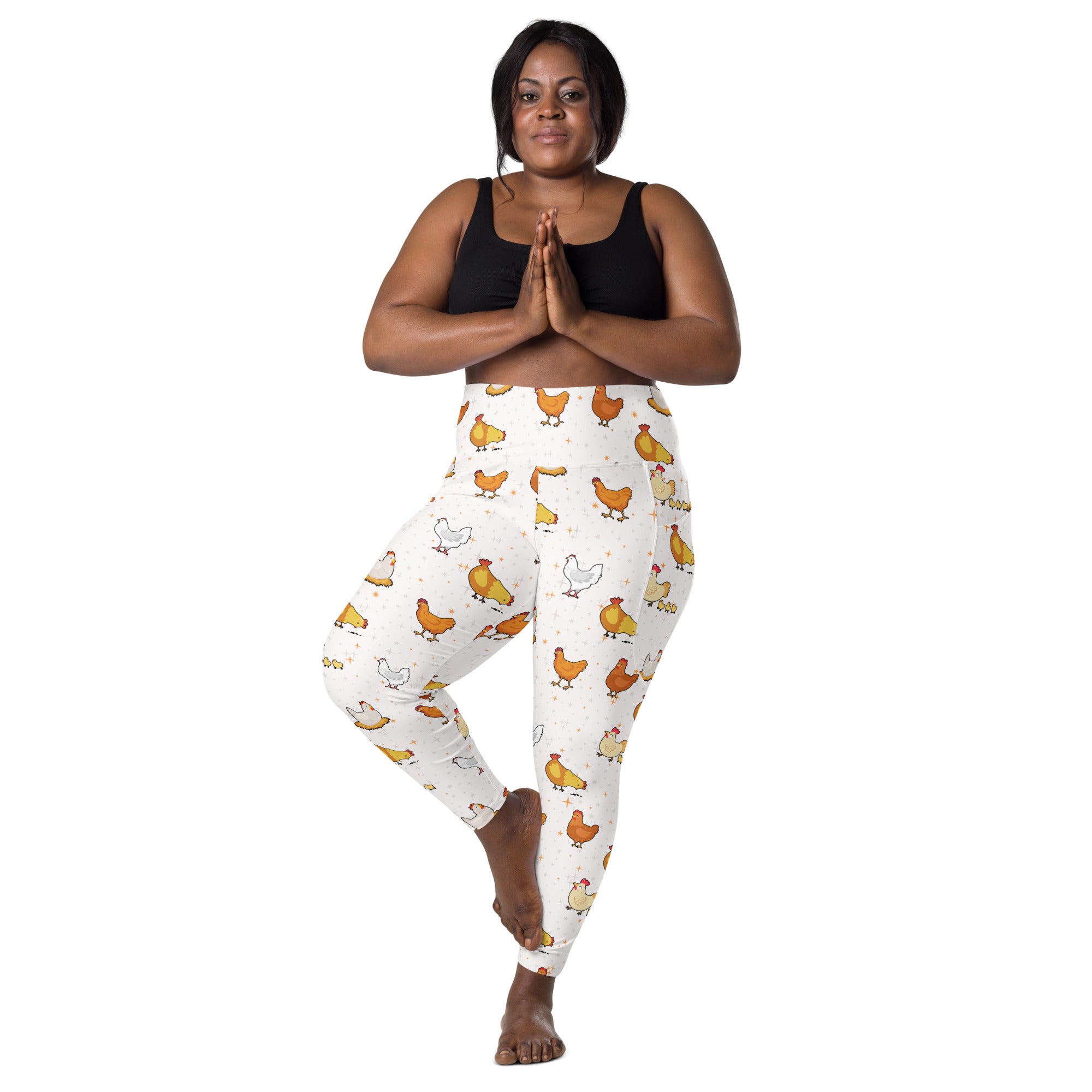 Women’s white chicken yoga leggings with pockets high-waisted soft compression active pants with orange and white pattern