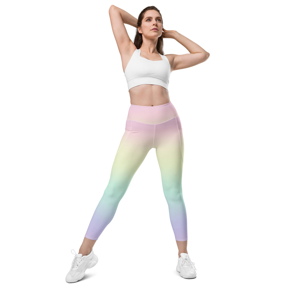 Women’s Pastel Rainbow Yoga Leggings With Pockets – High-Waisted, Soft Compression Active Pants