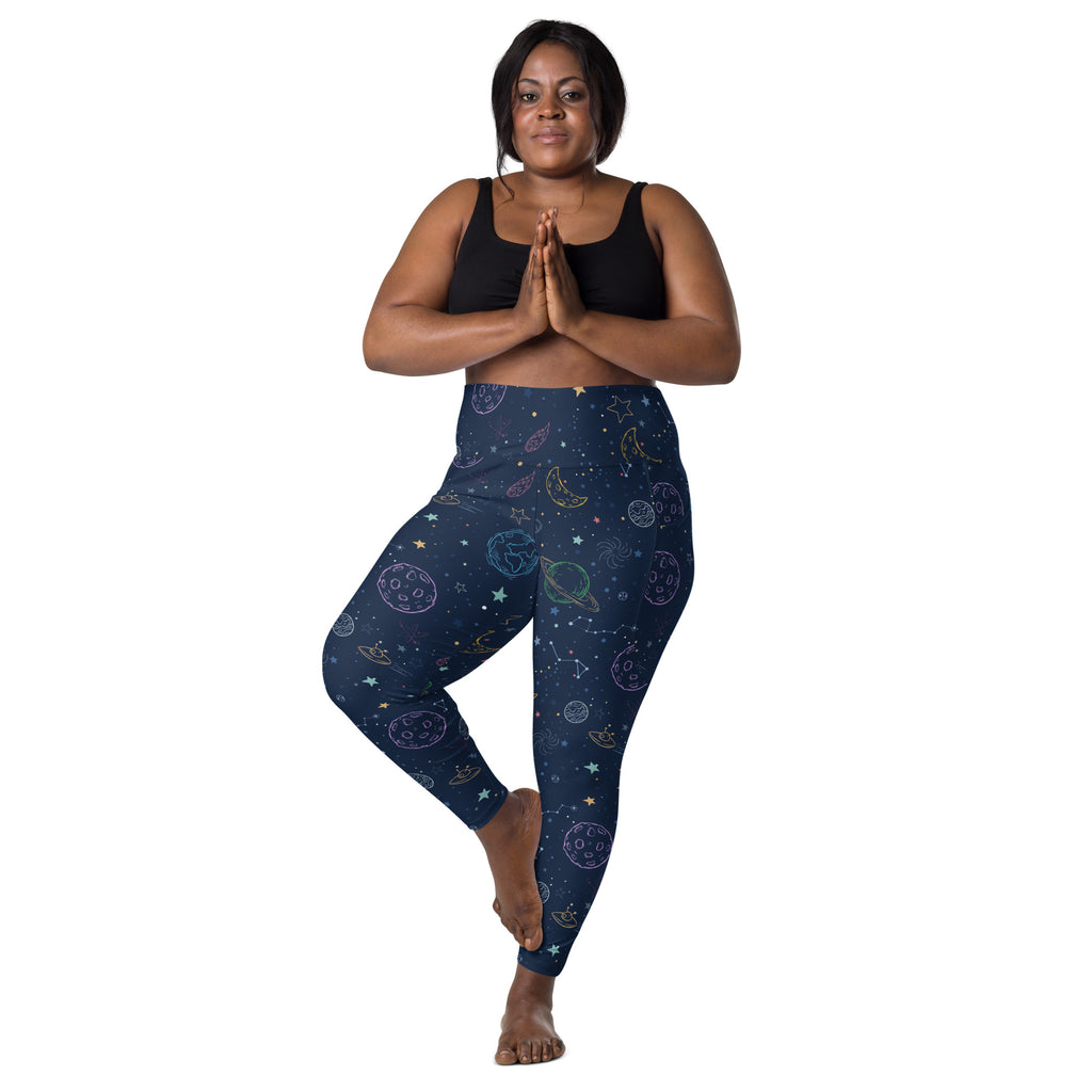 Women’s dark blue galaxy space yoga leggings with colorful celestial prints high-waisted soft compression pants