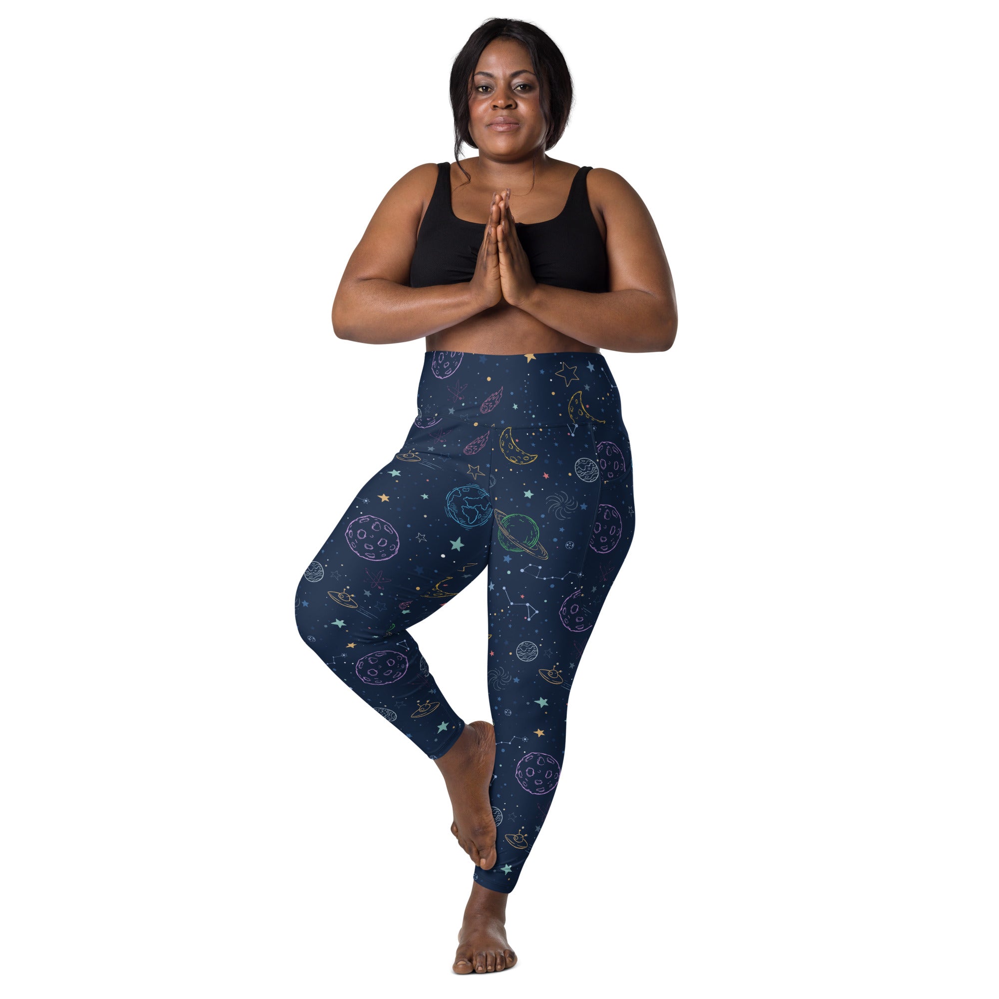 Women’s dark blue galaxy space yoga leggings with colorful celestial prints high-waisted soft compression pants