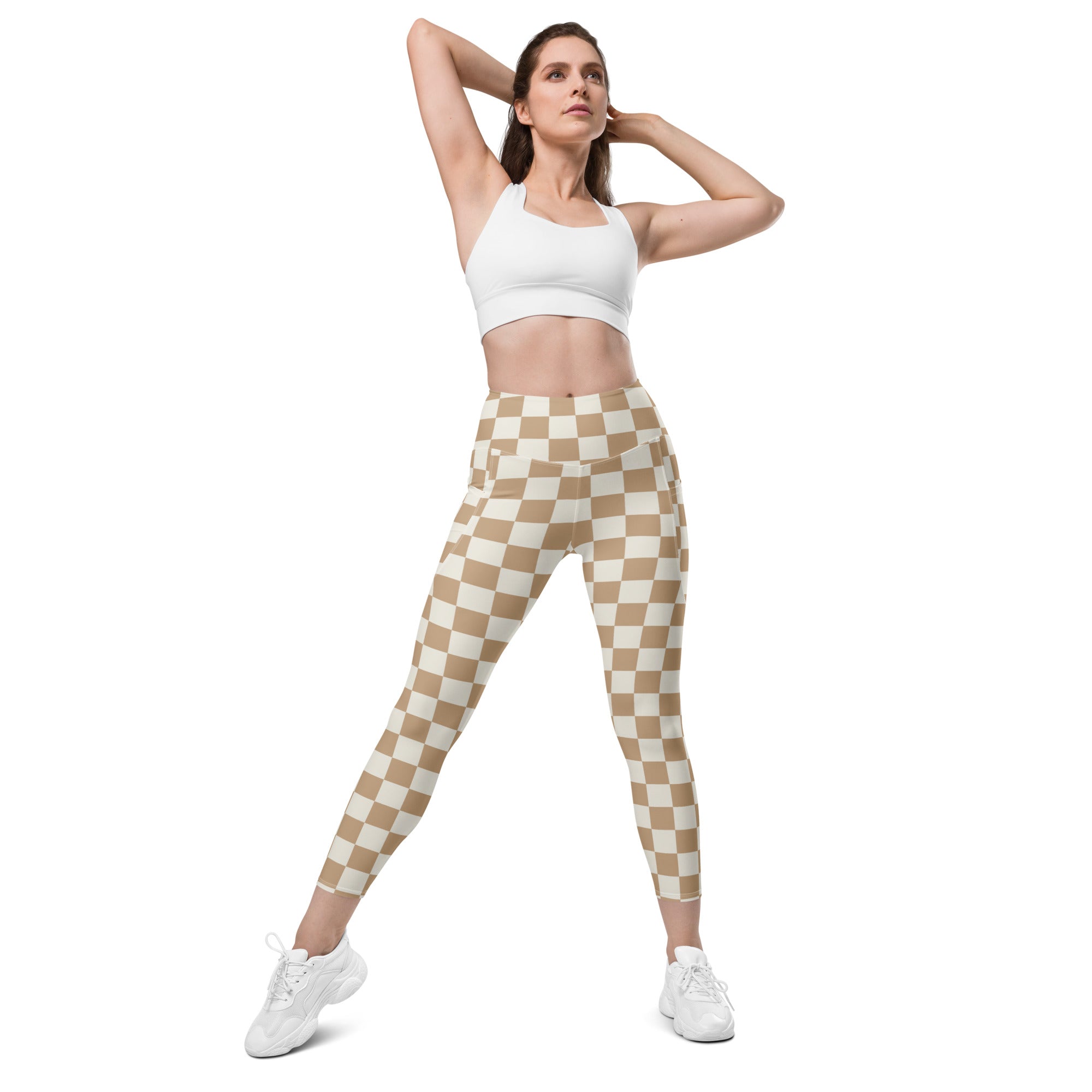 Beige and white checkered high-waisted yoga leggings with pockets soft compression active pants for women
