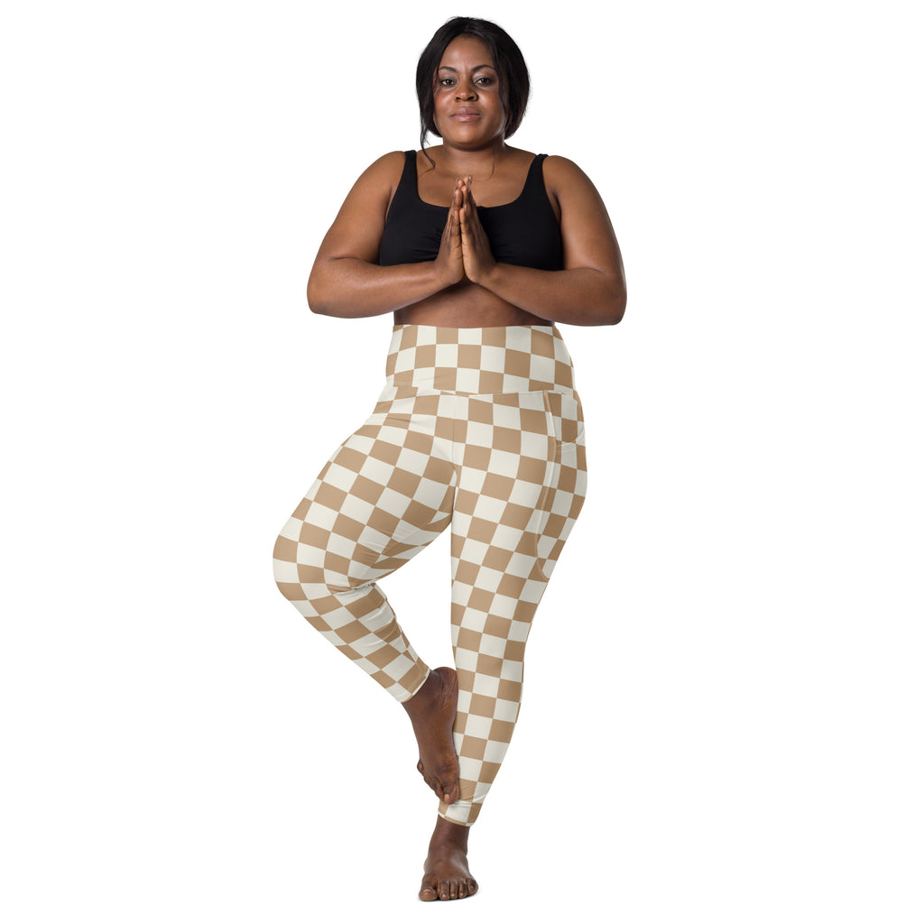 Beige and cream checkered high-waisted yoga leggings with pockets soft compression active pants for women