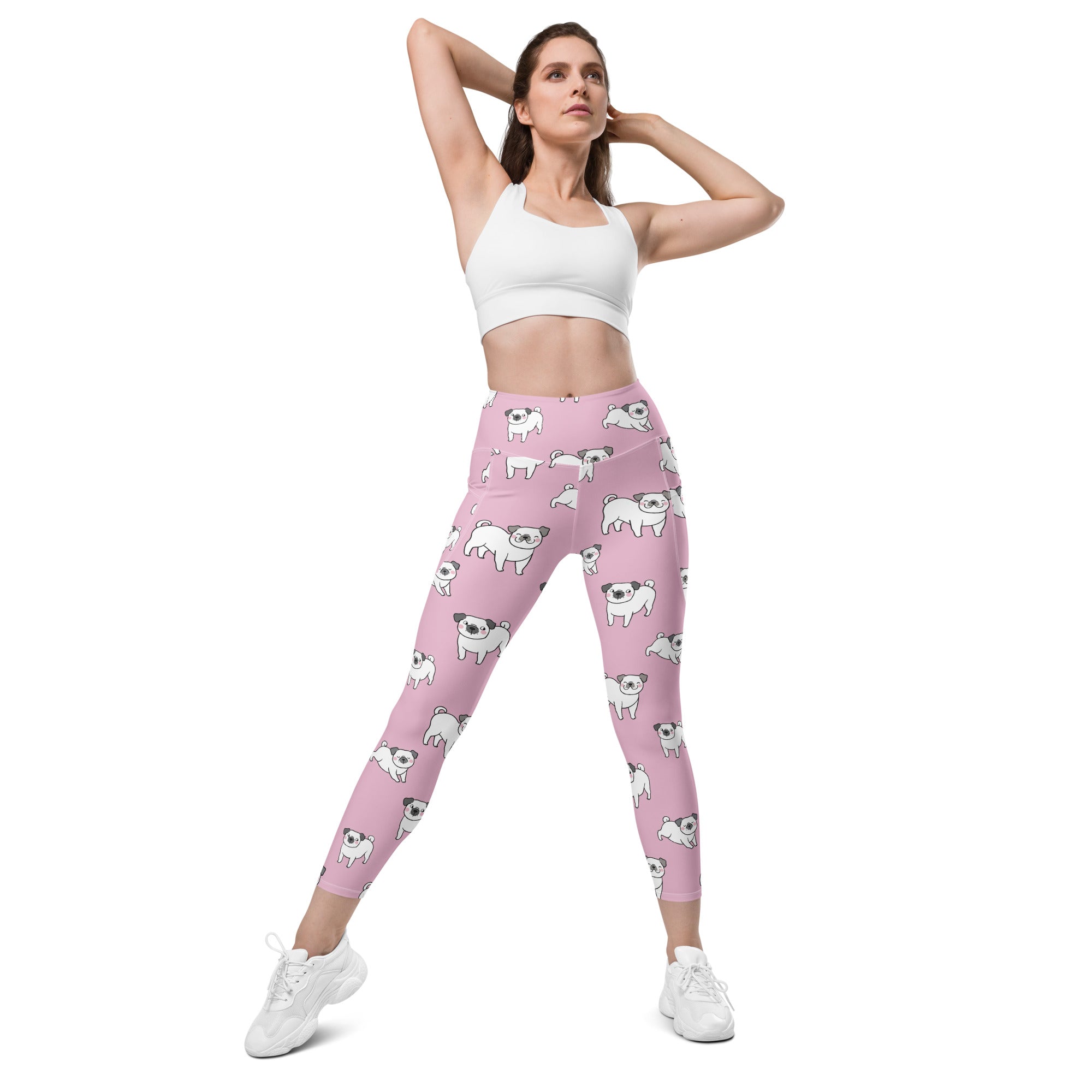Women’s pink pug yoga leggings with pockets featuring a white cartoon pug pattern high-waisted soft compression pants