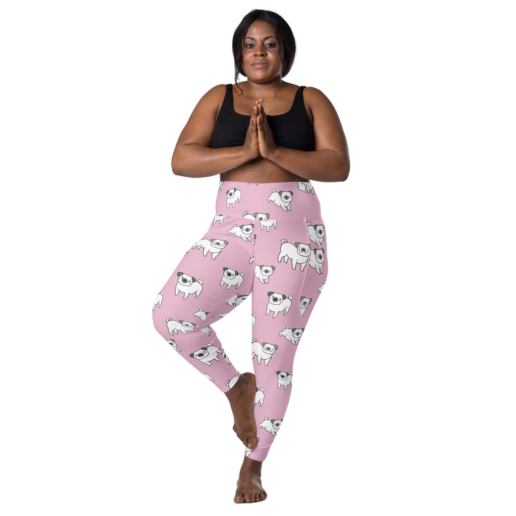 Women’s pink high-waisted yoga leggings with soft compression and white pug pattern featuring pockets