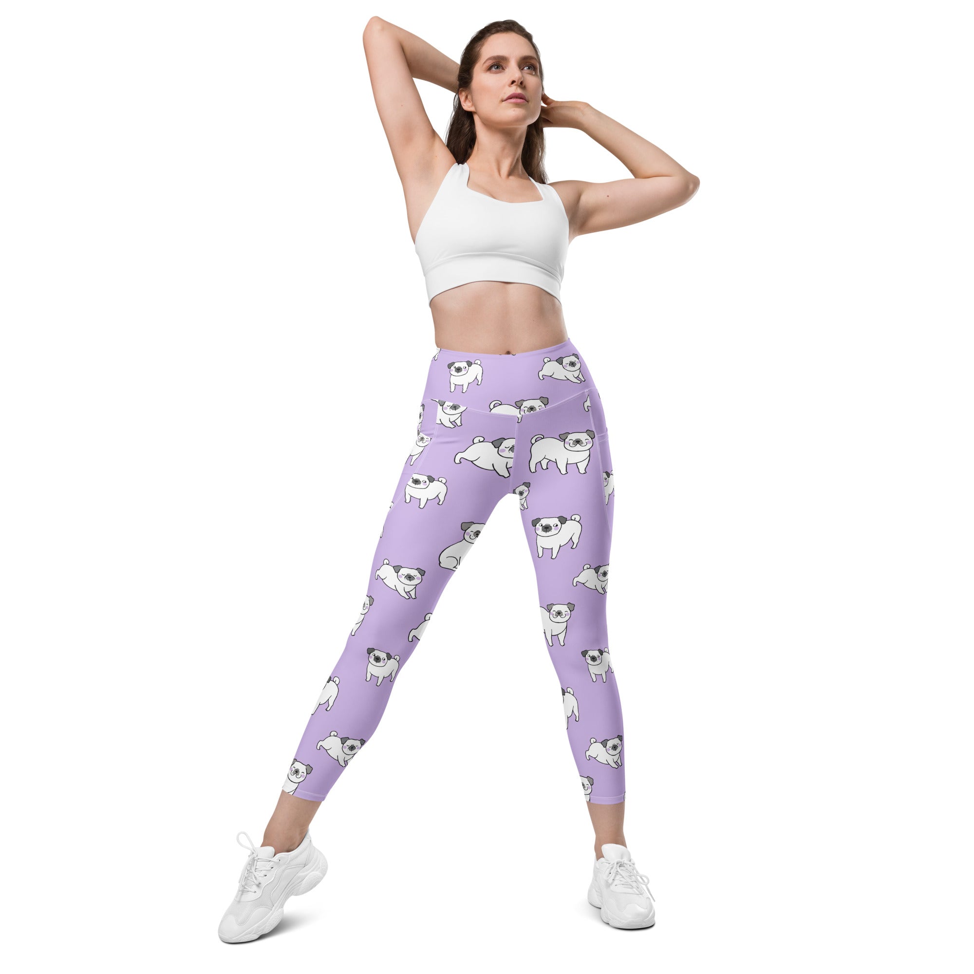 Women’s lilac purple pug yoga leggings with pockets high waisted soft compression featuring playful cartoon pug pattern