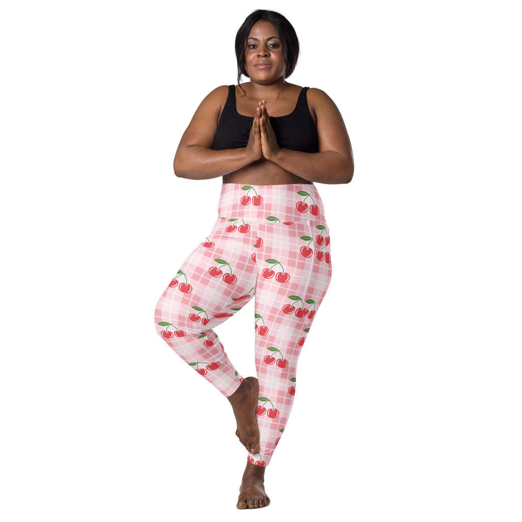 Pink cherry-patterned high-waisted yoga leggings with plaid design soft compression and pockets for active wear