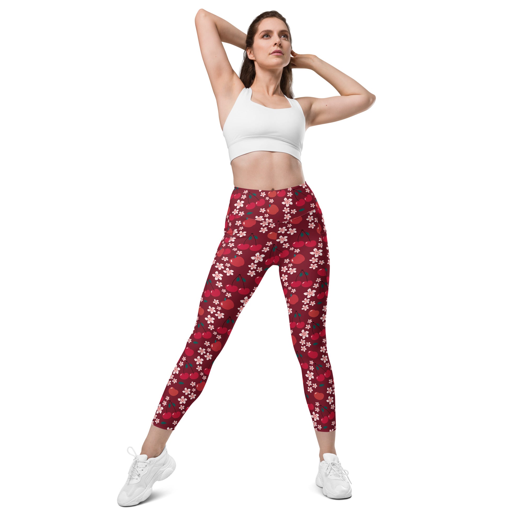 Women’s high-waisted red and white cherry blossom yoga leggings with pockets soft compression active pants
