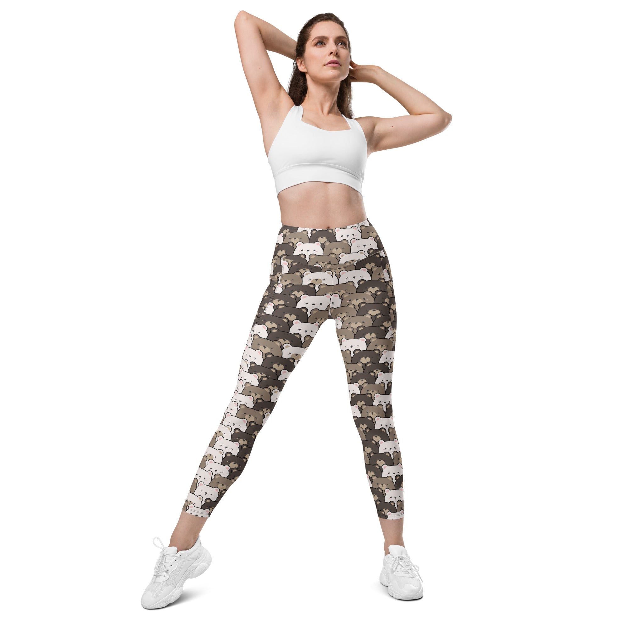 Women’s high-waisted bear face yoga leggings with pockets in beige and brown tones featuring game controller pattern