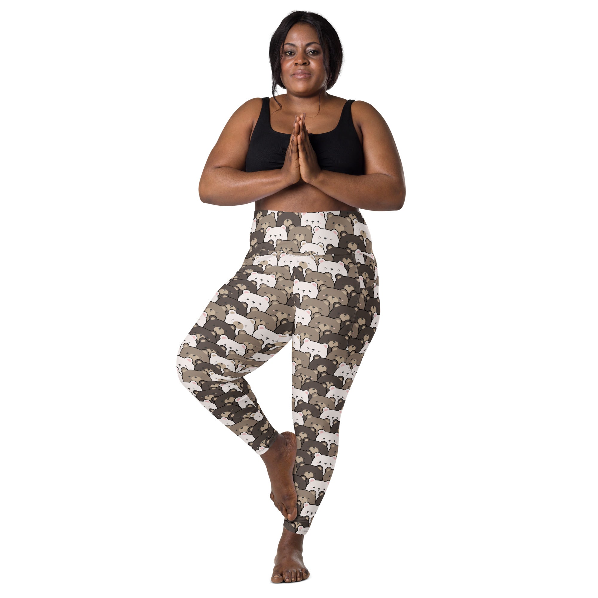 High-waisted women’s yoga leggings with pockets featuring a playful pattern of white beige and gray cartoon bears