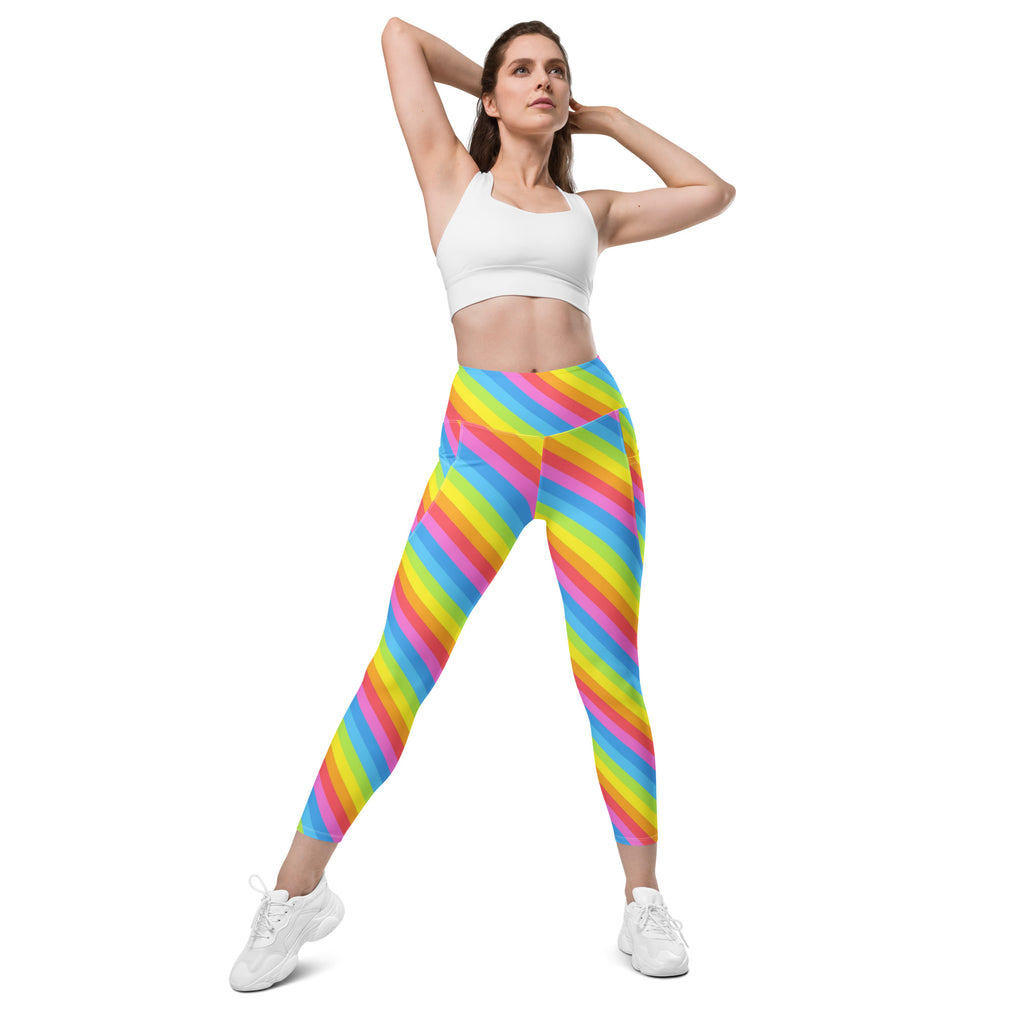 Women’s Rainbow Stripe Yoga Leggings With Pockets – High-Waisted, Soft Compression Active Pants