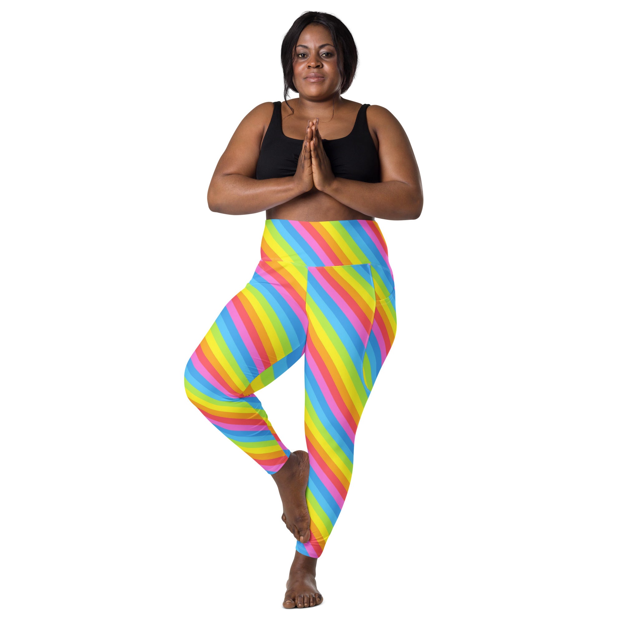 Women’s Rainbow Stripe Yoga Leggings With Pockets – High-Waisted, Soft Compression Active Pants