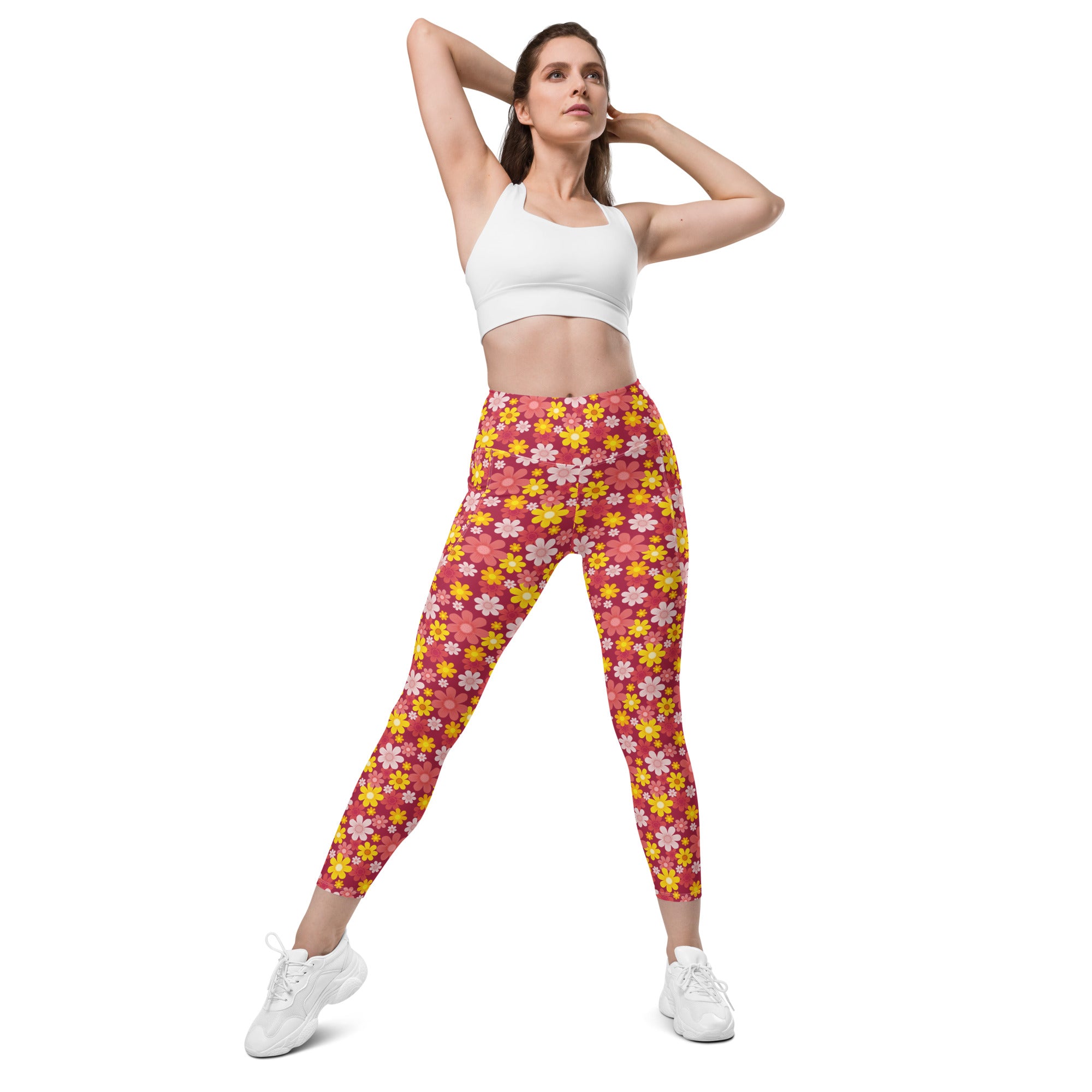Women’s high-waisted pink and yellow floral yoga leggings with pockets soft compression active pants