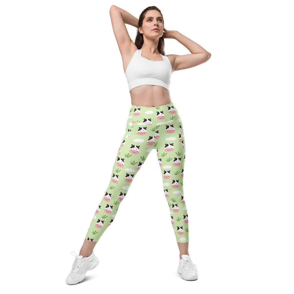 Women’s light green cute cow yoga leggings with pockets high waisted soft compression pants with playful cow faces pattern
