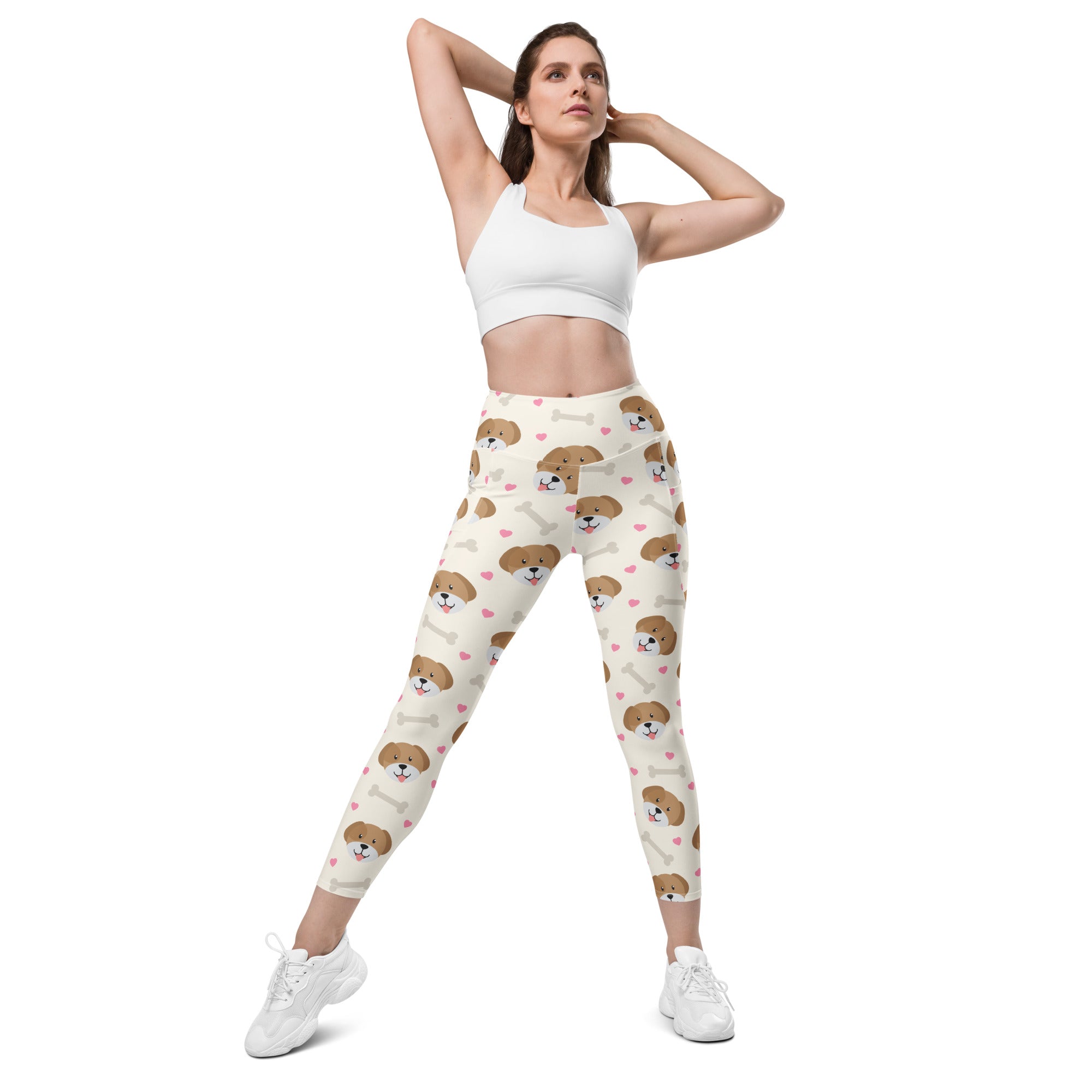 Women’s cream-colored cute dog yoga leggings with pockets high-waisted soft compression featuring puppy faces and hearts