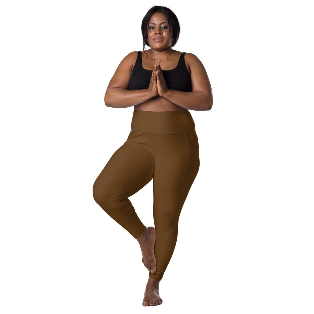 Women’s brown high-waisted yoga leggings with pockets made of seamless stretchy fabric for soft compression activewear