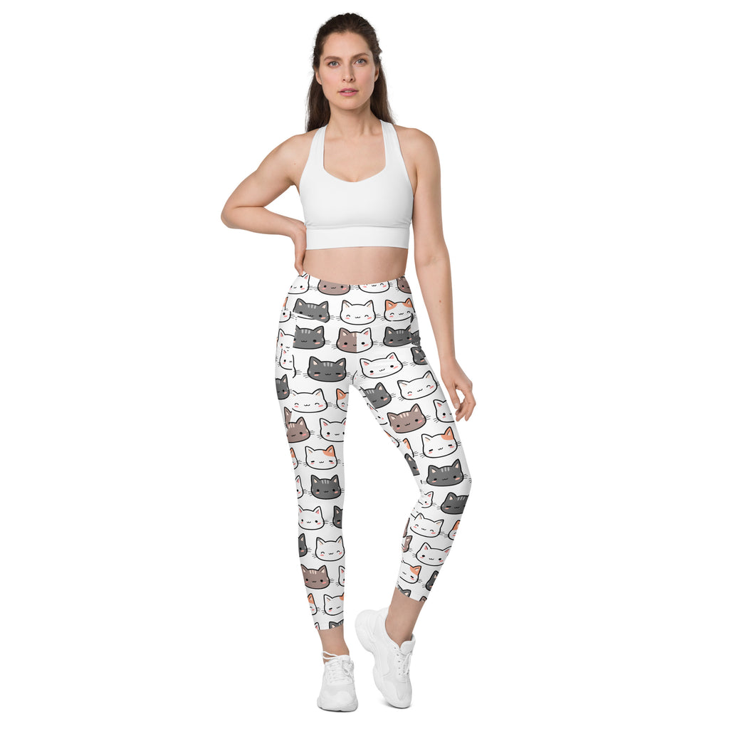 White womens cute cat yoga leggings with pockets high-waisted soft compression featuring colorful cartoon cat faces
