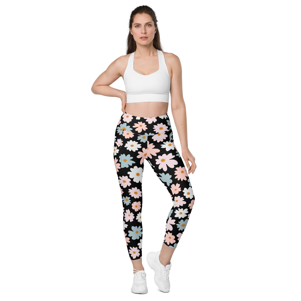 Women’s retro floral yoga leggings with pockets black high-waisted soft compression fabric with pink white blue daisies