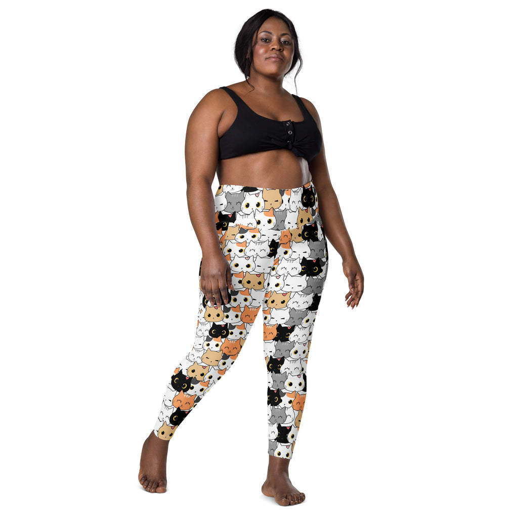 Plus size women’s cat face yoga leggings with pockets high waisted soft compression pants with cartoon cat pattern