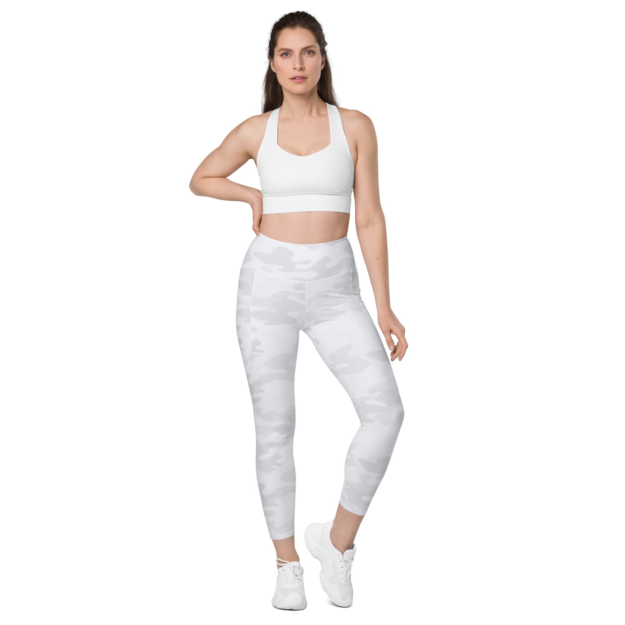 Women’s white camouflage high-waisted leggings with pockets soft compression activewear for yoga and fitness