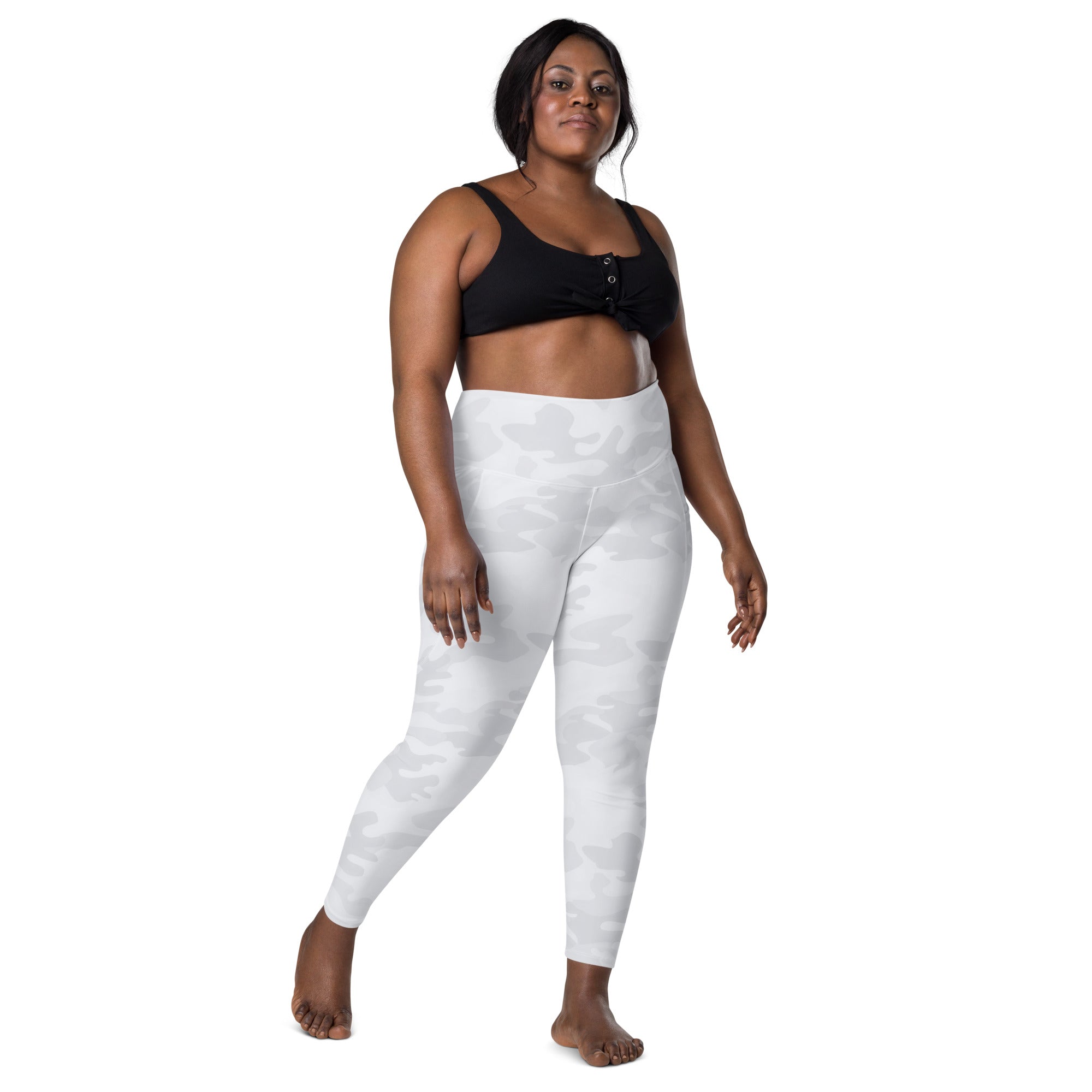 White camouflage-patterned high-waisted yoga leggings with pockets soft compression active pants for women