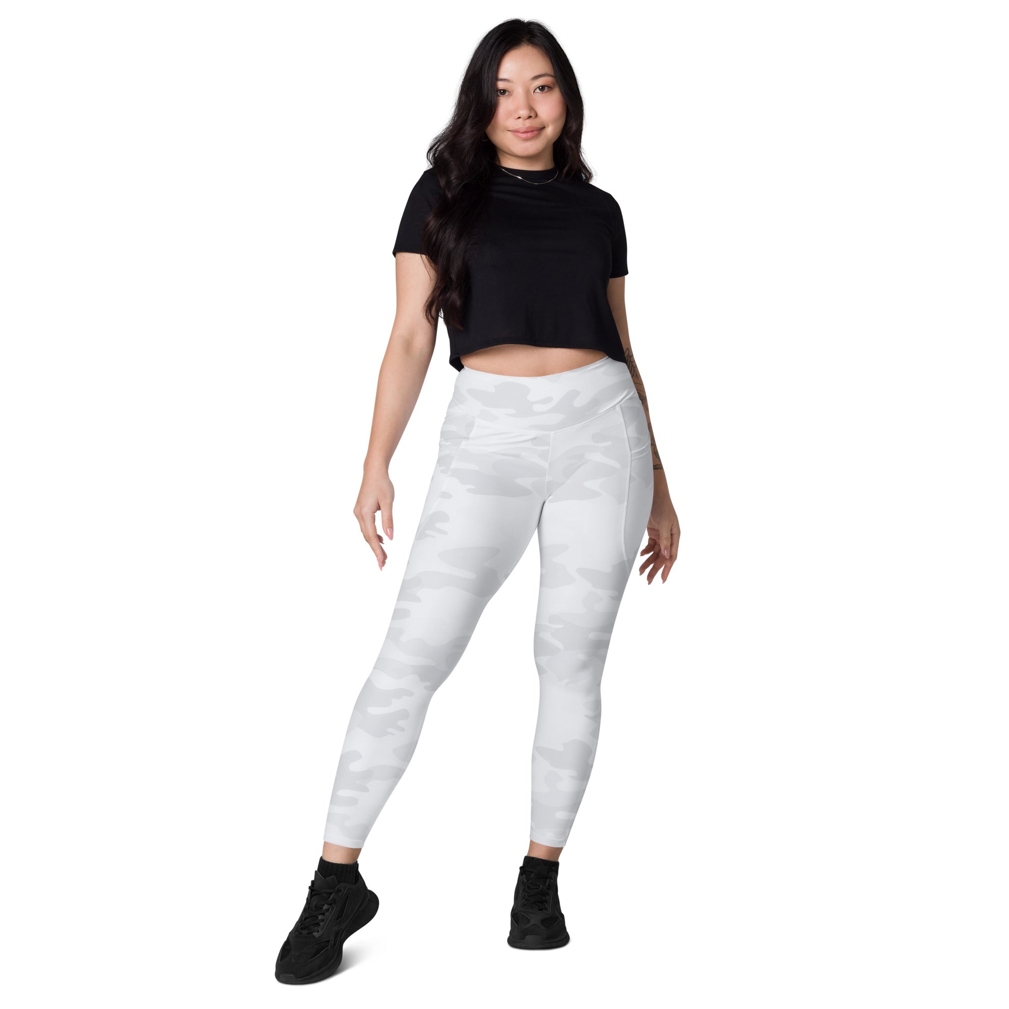 Women’s white camouflage yoga leggings with pockets high waisted soft compression active pants front view
