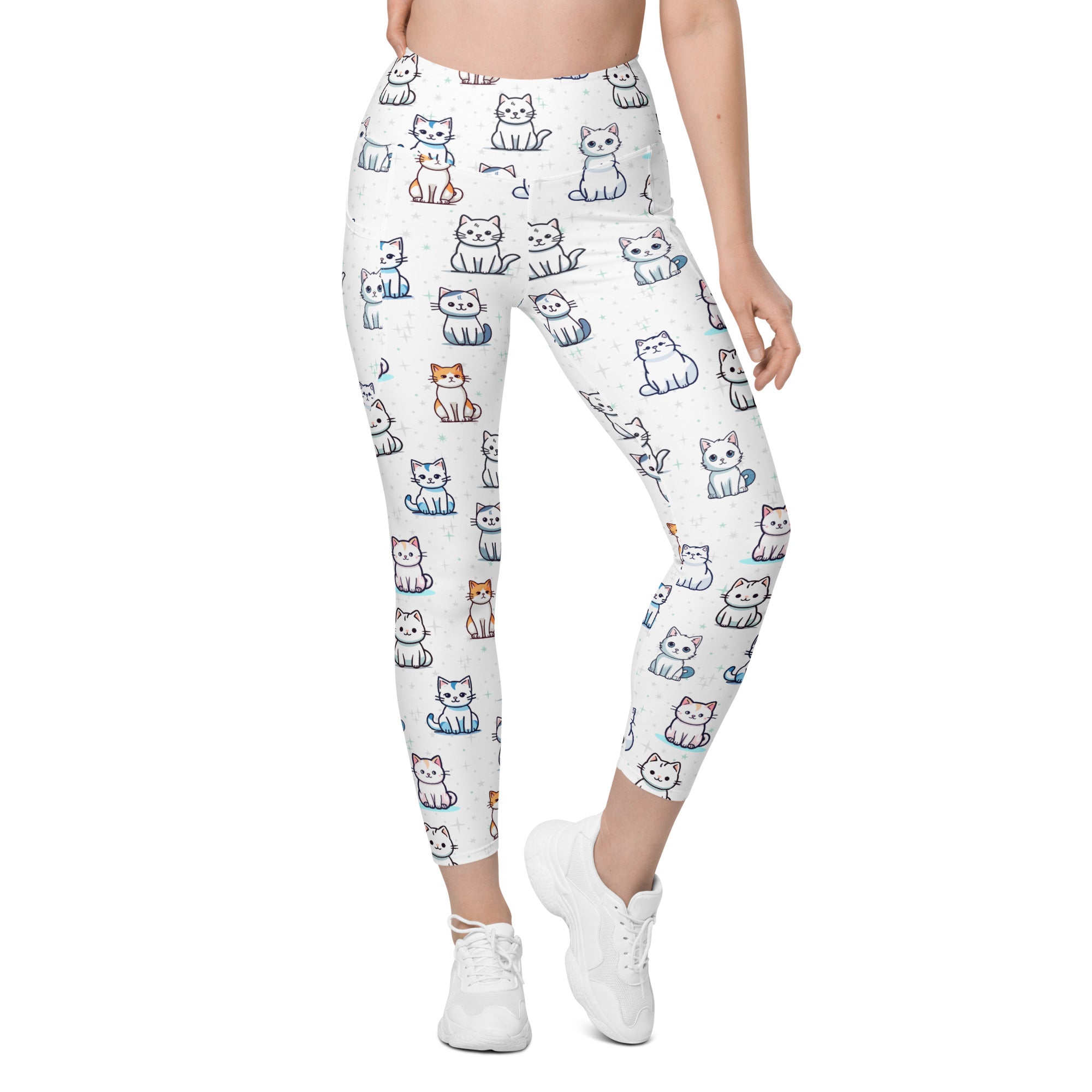 White high waisted women’s yoga leggings with soft compression and colorful cartoon cat pattern with pockets