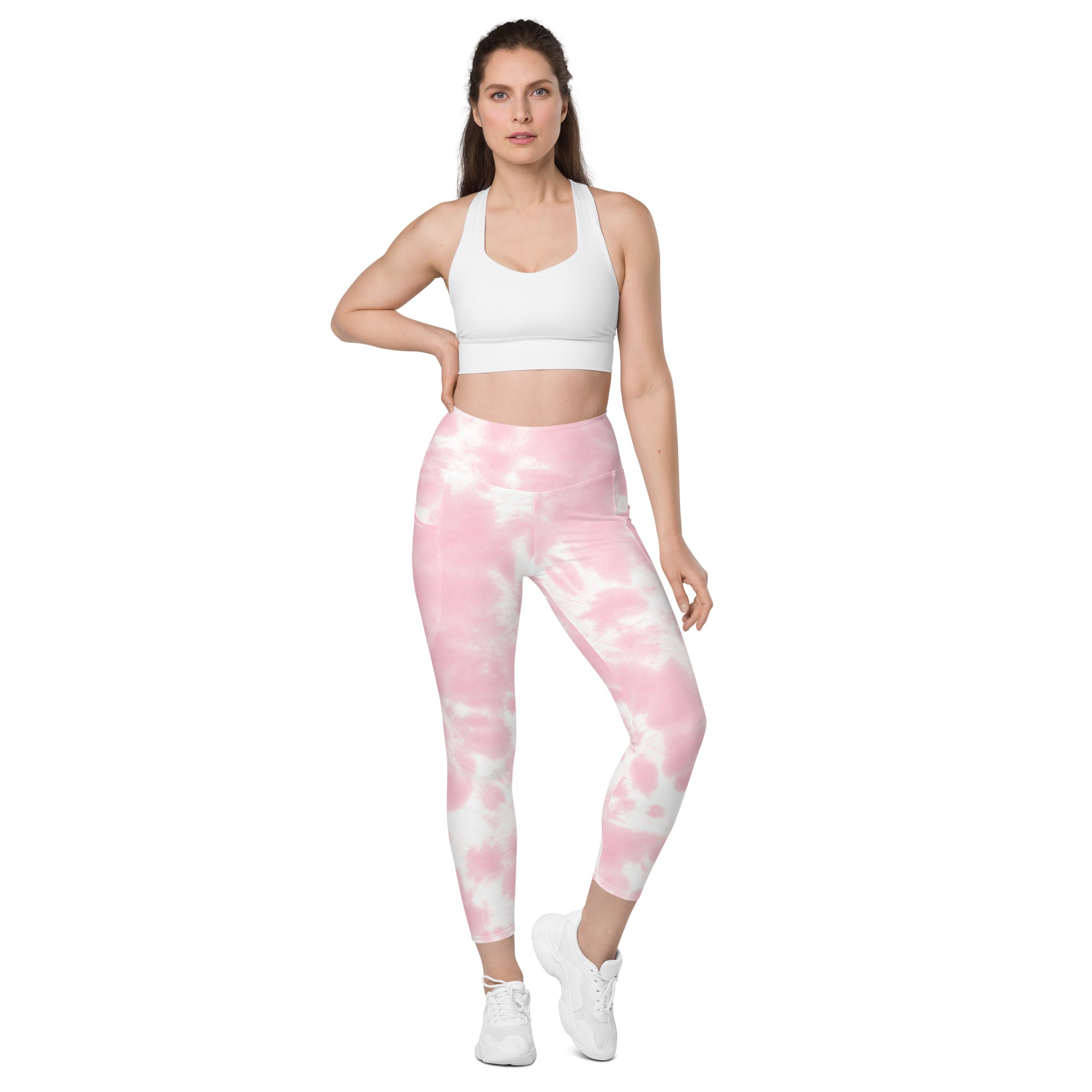 Women pink tie dye high waisted yoga leggings with pockets soft compression active pants shown from the back