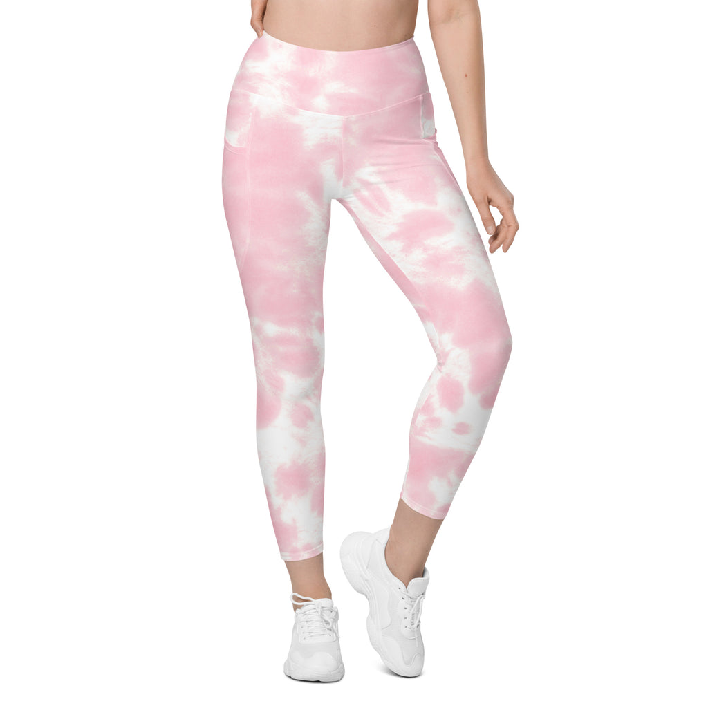 Women’s pink and white tie dye high-waisted yoga leggings with pockets soft compression active pants