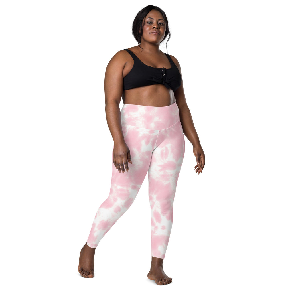 Women’s high-waisted pink and white tie dye yoga leggings with pockets soft compression active pants