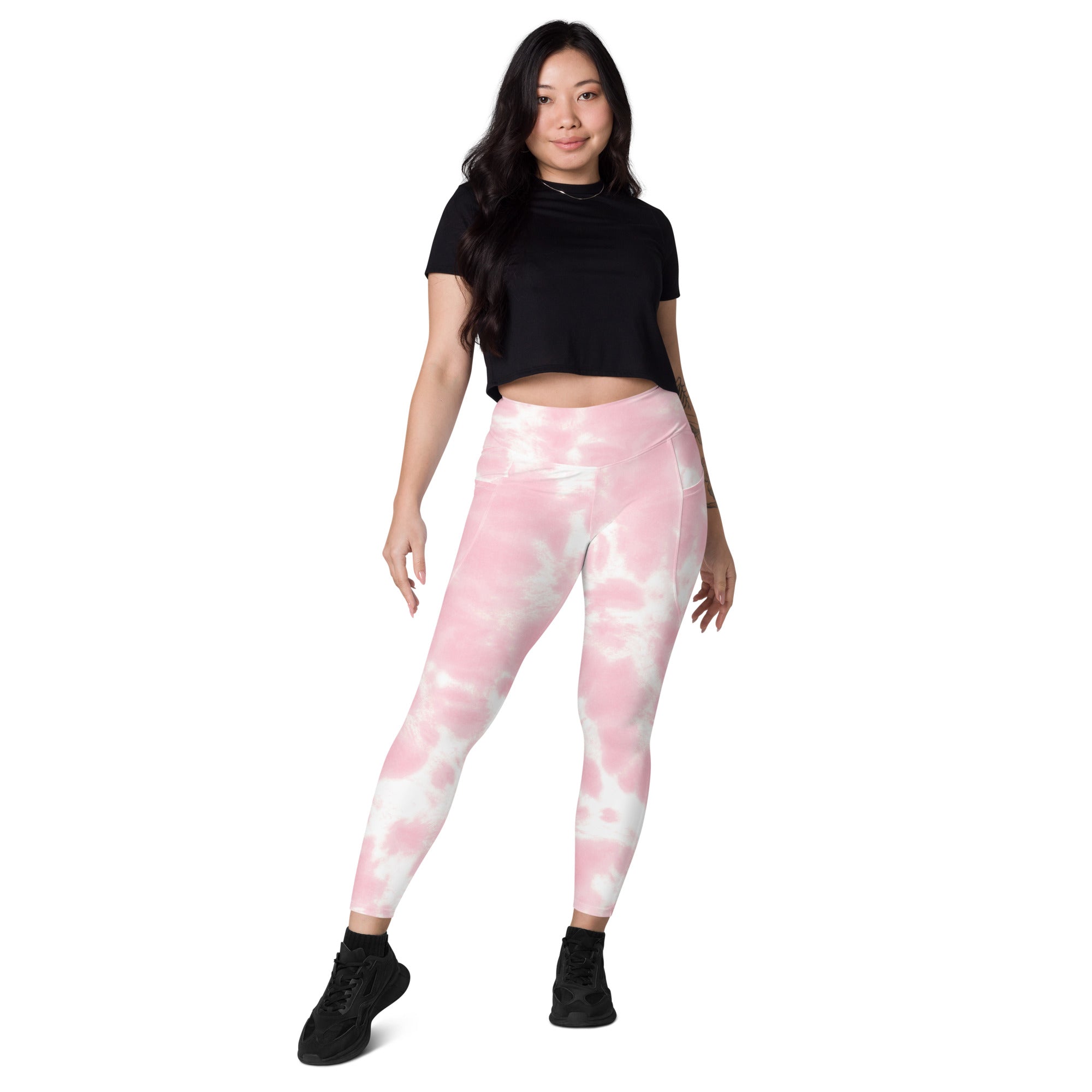 Women’s pink and white tie dye high waisted yoga leggings with pockets soft compression active pants