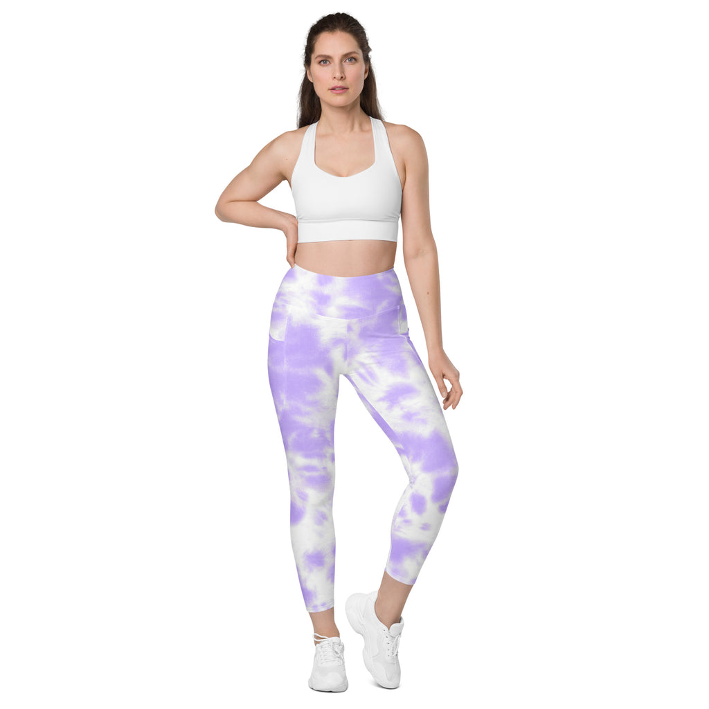 Women’s purple and white tie dye high waisted yoga leggings with pockets soft compression active pants