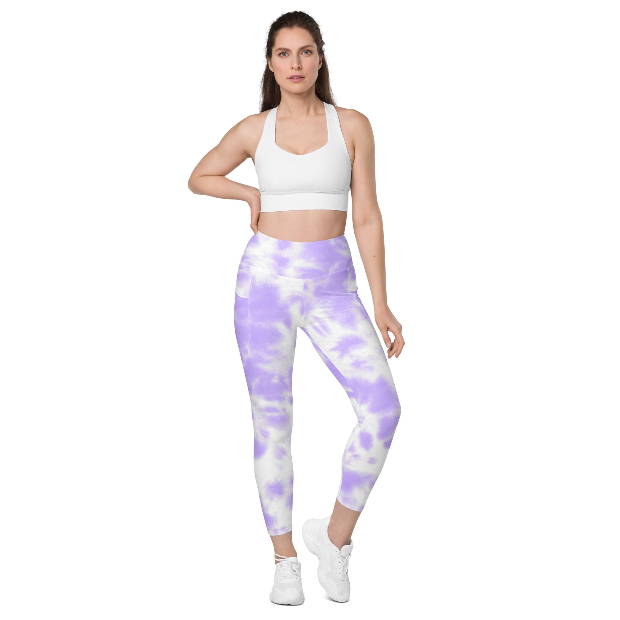 Women’s purple and white tie dye high waisted yoga leggings with pockets soft compression active pants