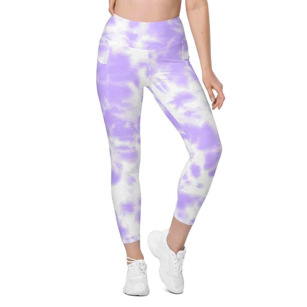 Women’s purple and white tie dye high waisted yoga leggings with pockets soft compression active pants