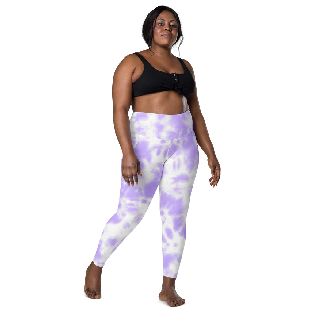 Women purple tie dye high waisted yoga leggings with pockets soft compression active pants front view
