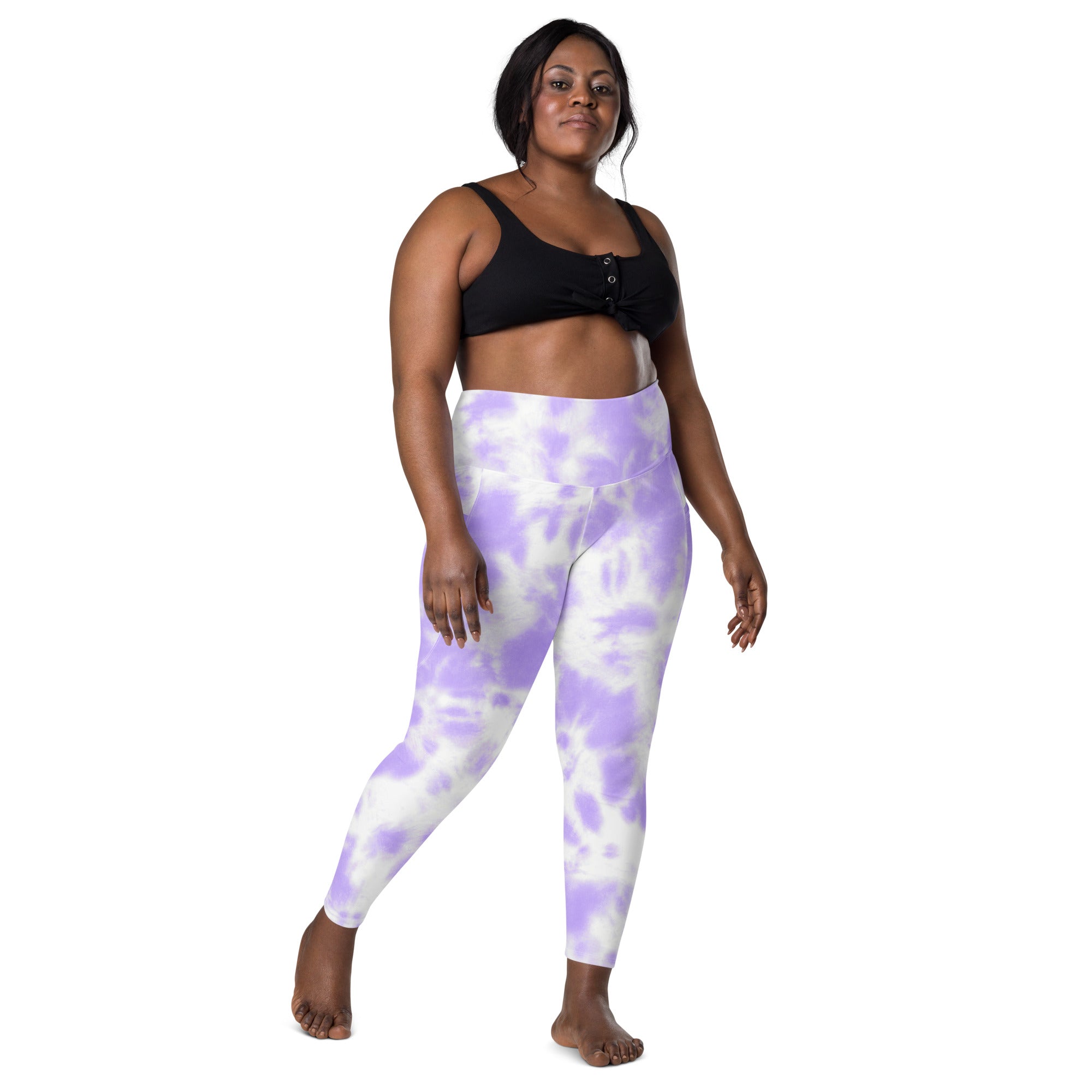 Women purple tie dye high waisted yoga leggings with pockets soft compression active pants front view