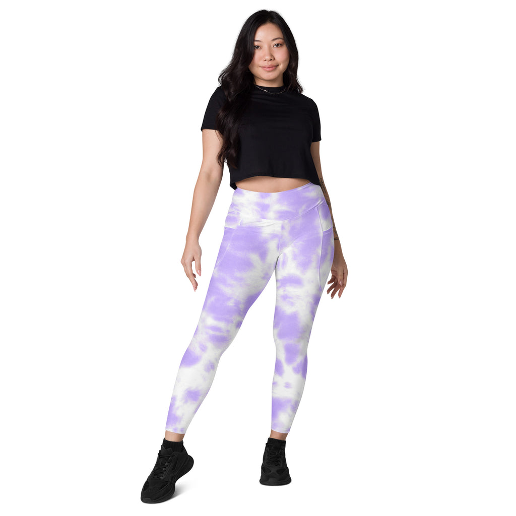 Women’s purple and white tie dye high waisted yoga leggings with pockets soft compression active pants