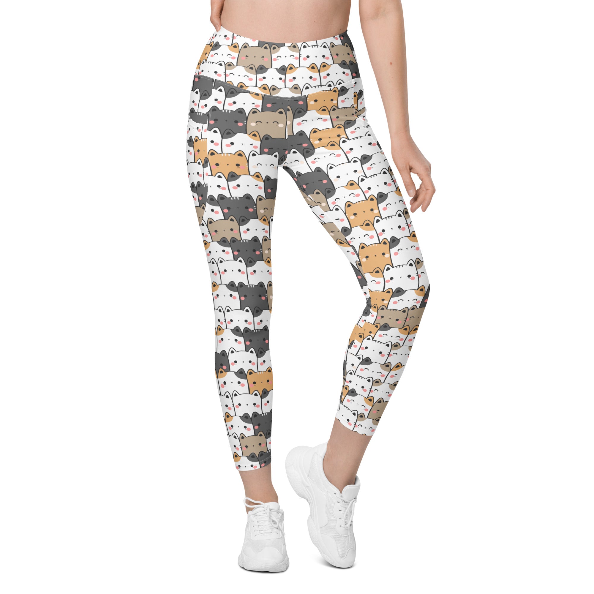 White women’s kawaii cat yoga leggings with pockets featuring colorful cartoon cats soft compression fabric