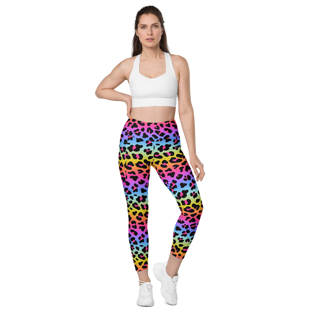 Women’s high-waisted rainbow gradient leopard print yoga leggings with pockets soft compression active pants front view