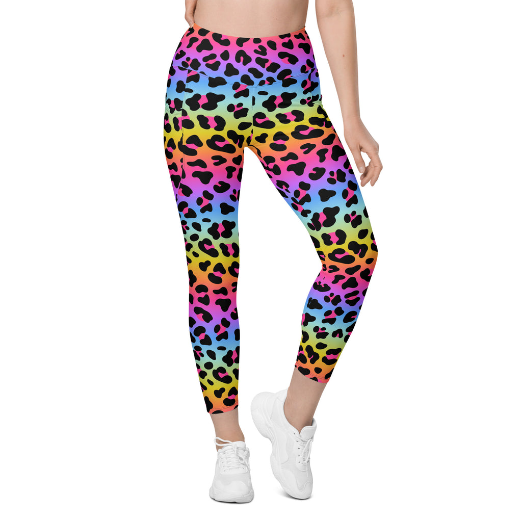 Women’s high-waisted rainbow gradient leopard print yoga leggings with pockets and soft compression material