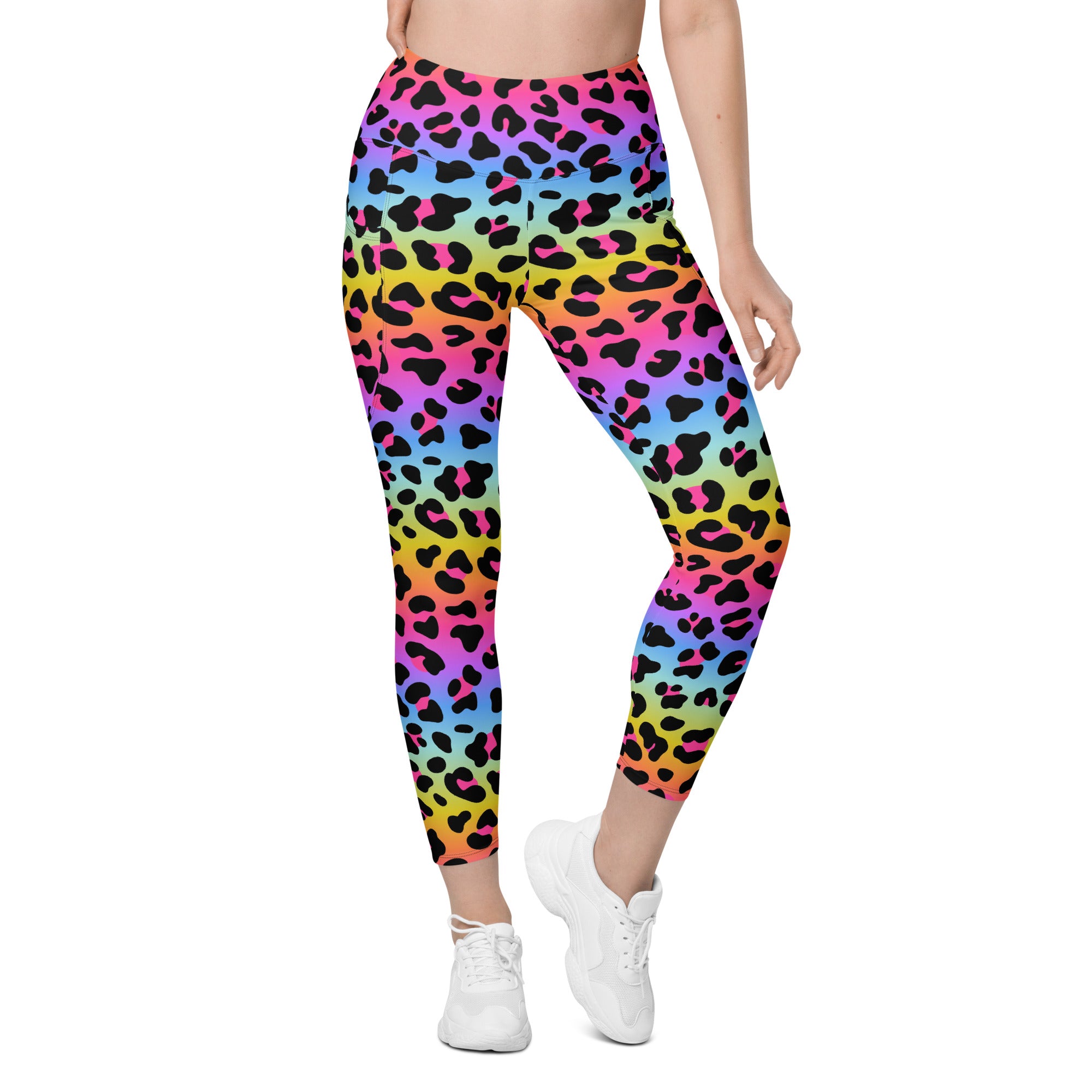 Women’s high-waisted rainbow gradient leopard print yoga leggings with pockets and soft compression material