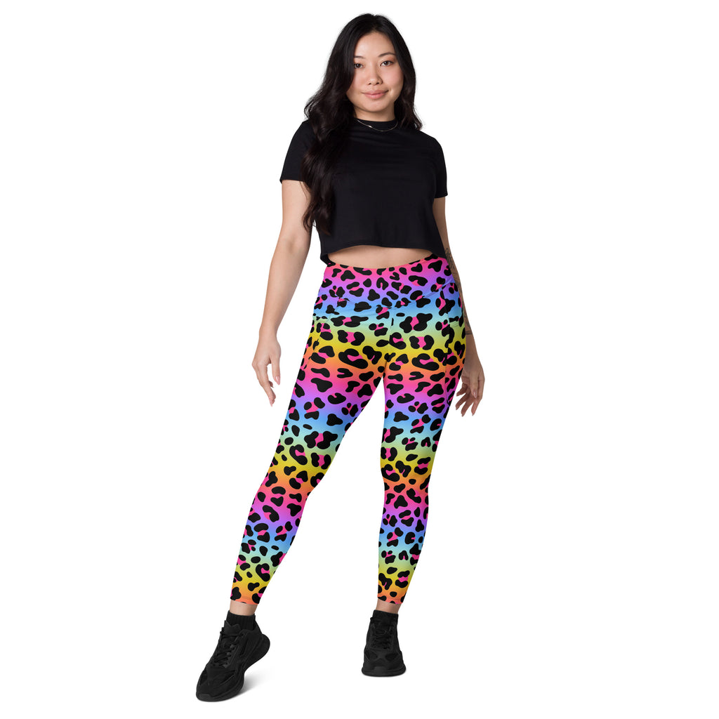 Women’s high-waisted rainbow leopard yoga leggings with black spots soft compression and pockets front view