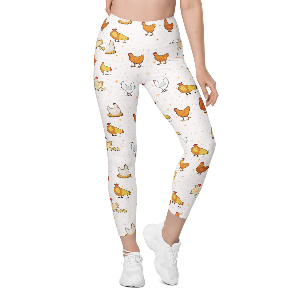 Women’s white chicken yoga leggings with colorful cartoon pattern high-waisted soft compression with pockets