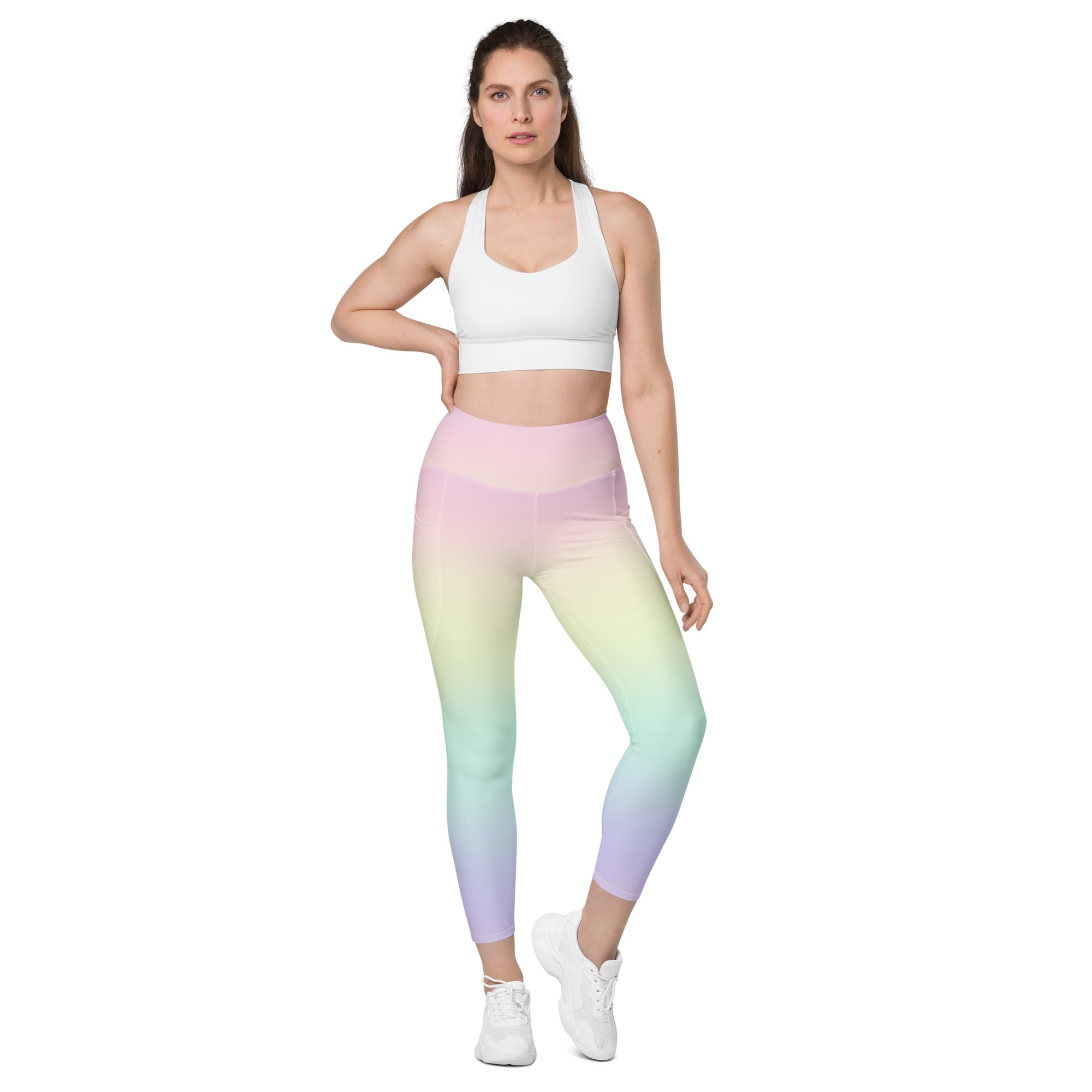 Women’s Pastel Rainbow Yoga Leggings With Pockets – High-Waisted, Soft Compression Active Pants
