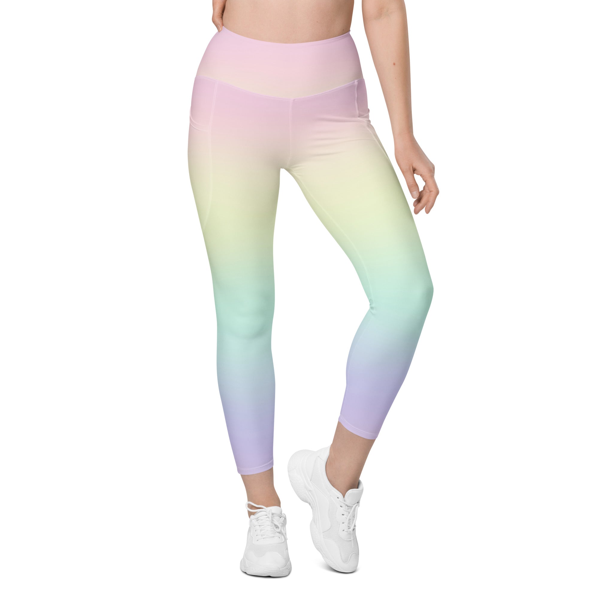 Women’s Pastel Rainbow Yoga Leggings With Pockets – High-Waisted, Soft Compression Active Pants
